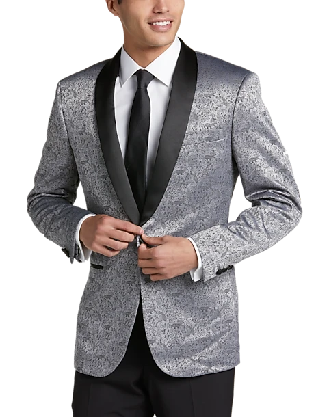 Egara Slim Fit Shawl Lapel Dinner Jacket, Silver Jacquard 1 Egara Slim Fit Shawl Lapel Dinner Jacket, Silver Jacquard