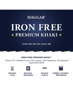 Haggar Iron-Free Premium Khaki® Classic Fit Pleated-Front Pants, Dark Navy 7 Haggar Iron-Free Premium Khaki® Classic Fit Pleated-Front Pants, Dark Navy -Gentleman’s Outlet Store MW40 234U 20 HAGGAR MED KHAKI ALT3