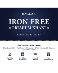 Haggar Iron-Free Premium Khaki™ Slim/Straight Fit Flat-Front Pants, Heather Gray 7 Haggar Iron-Free Premium Khaki™ Slim/Straight Fit Flat-Front Pants, Heather Gray -Gentleman’s Outlet Store MW40 235T 07 HAGGAR INDIGO ALT3