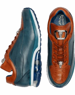 Belvedere Flash Ostrich & Calf Sneakers, Blue & Almond