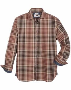 Joseph Abboud Modern Fit Spread Collar Sport Shirt, Navy And Tan Plaid