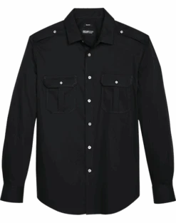 Awearness Kenneth Cole Slim Fit Twill Military Sport Shirt, Black