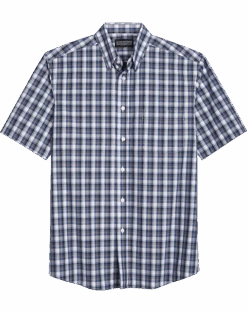 Haggar Modern Fit LIFE KHAKI™ Short Sleeve Plaid Sport Shirt, Dark Blue Plaid