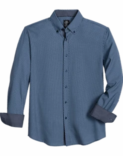 Michael Strahan Modern Fit Button-Down Collar Four-Way Stretch Sport Shirt, Navy Mesh Netting Print