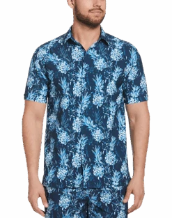 Cubavera Modern Fit 4-Way Stretch Sport Shirt, Blue Pineapple Print
