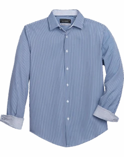 Report Collection Slim Fit Four-Way Stretch Sport Shirt, Navy Stripe