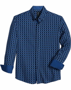 Michael Strahan Modern Fit Button-Down Collar 4-Way Stretch Sport Shirt, Navy Windowpane