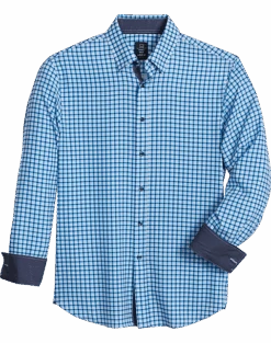Michael Strahan Modern Fit Spread Collar 4-Way Stretch Sport Shirt, Blue Mini Plaid