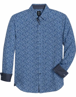 Michael Strahan Modern Fit Spread Collar 4-Way Stretch Sport Shirt, Blue Abstract Floral