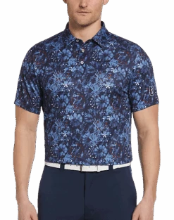 PGA Tour Classic Fit Printed Polo, Navy Fireworks