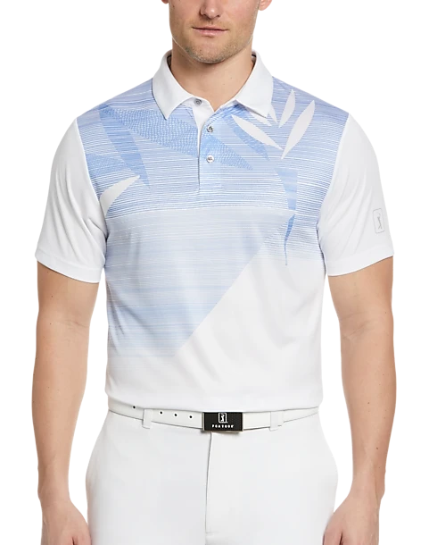 PGA Tour Classic Fit Printed Polo, White Asymmetric Tropical 1 PGA Tour Classic Fit Printed Polo, White Asymmetric Tropical