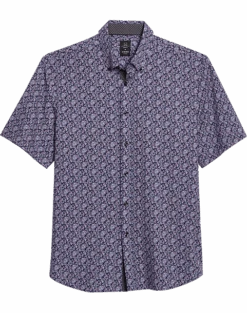 Michael Strahan Modern Fit 4-Way Stretch Short Sleeve Sport Shirt, Navy & Wine Floral