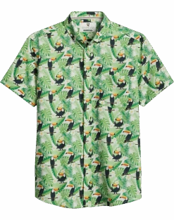 Report Collection Modern Fit Four-Way Stretch Short Sleeve Sport Shirt, Light Green Toucan Bird