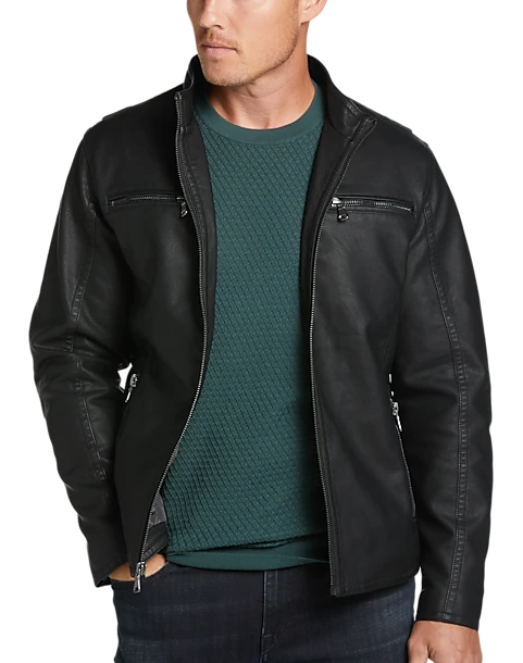 Awearness Kenneth Cole Modern Fit Moto Jacket, Black Faux Leather 1 Awearness Kenneth Cole Modern Fit Moto Jacket, Black Faux Leather