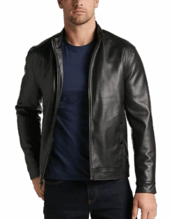 Michael Strahan Modern Fit Bomber Jacket, Black Faux Lambskin