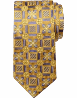 Joseph Abboud Narrow Silk Tie, Gold Square And Floral Print